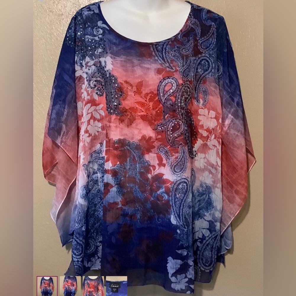 #71 Simply Emma 2X red blue beaded top shawl